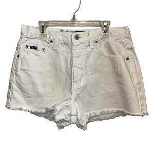 Express Bleus White Denim Shorts 7/8 Raw Hem Frayed Mid‎ Rise